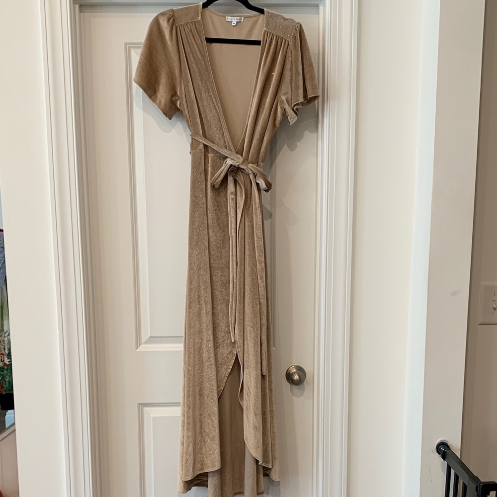 Baltic Born Shimmery beige velour Wrap Maxi Dress Med NWOT